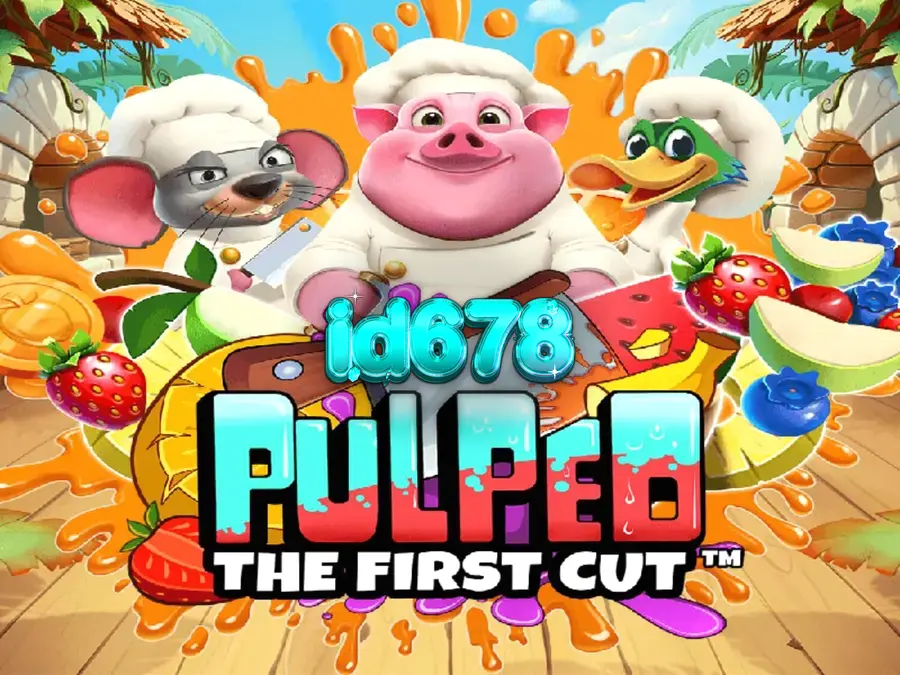 Tampilan visual slot Pulped: The First Cut dengan karakter koki hewan dan buah-buahan segar.